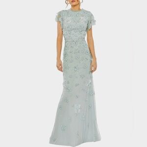 Mac Duggal Women’s Floral Embellished Flutter Sleeve Gown Size 2 Light Mint
